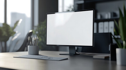 Poster - Modern office workspace with a computer monitor on a desk, surrounded by stationery and plants, creating a professional environment.
