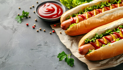 Wall Mural - Delicious hot dogs with mustard and ketchup on grey table, closeup. Space for text