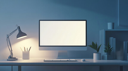 Poster - Modern work desk setup with computer, lamp, plants, and office supplies in a minimalist home office, creating a peaceful and organized workspace.
