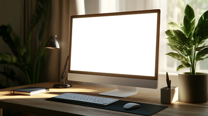 Poster - Modern workspace with a blank computer monitor, desk lamp, books, and a potted plant, bathed in natural light.