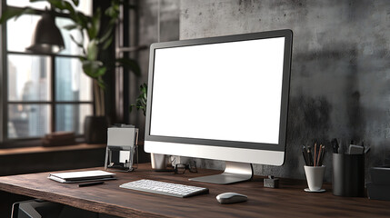 Poster - Modern workspace with a computer, keyboard, and office supplies on a wooden desk in a stylish industrial office setting.