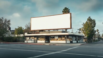 a white billboard mockup in front a bagel shop store 