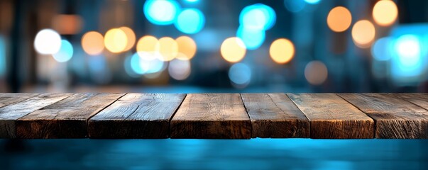 A rustic wooden table placed in front of a blurred backdrop of city street lamps and bokeh lights, evoking a cozy outdoor night setting.