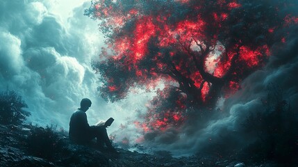 Canvas Print - Surreal Landscape with a Man Reading Under a Burning Tree