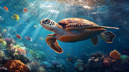 Poster - A sea turtle swimming gracefully through clear blue ocean waters, surrounded by colorful coral and small fish, sunlight filtering through the water surface.