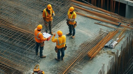 group of construction workers discussing plans at a building site