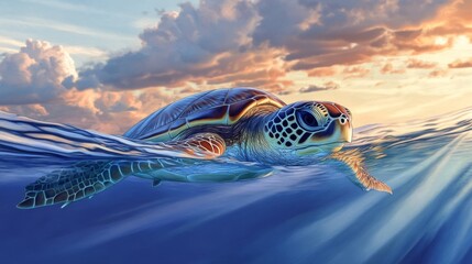 Poster - A sea turtle swimming near the ocean surface, its head slightly above water as it takes a breath, with the reflection of the sky and clouds visible in the calm water.