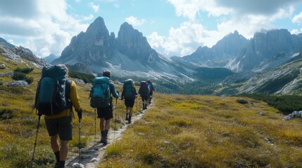 Wall Mural - Group of hikers trekking through a mountainous landscape