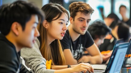 Group of tech enthusiasts coding together at a hackathon event