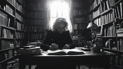 Woman Writing in a Library