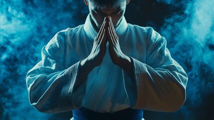 Martial artist in white gi poses in a traditional stance, with dramatic blue smoke and lighting in the background.