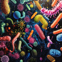 A microscopic view of various bacteria showing different shapes such as rods spirals and spheres The bacteria are depicted in bright contrasting colors floating in a fluidlike environment