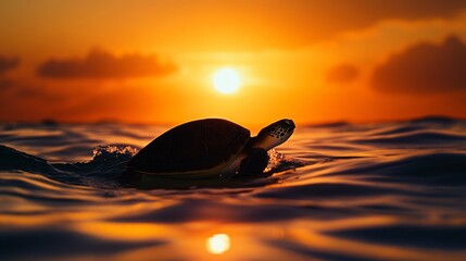 Poster - A serene sunset view of a sea turtle silhouette against the orange glow of the setting sun as it swims near the ocean surface, capturing the peaceful moment.