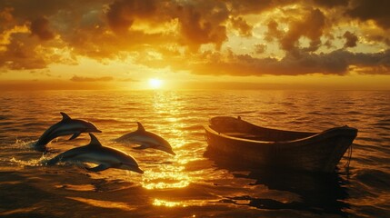 Poster - A serene sunset view of dolphins swimming near a boat, with golden rays reflecting off the water, capturing a magical moment in nature and the tranquility of the sea.