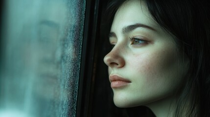 Poster - Portrait of a thoughtful face gazing out a window with a serene expression