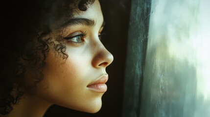 Canvas Print - Portrait of a thoughtful face gazing out a window with a serene expression