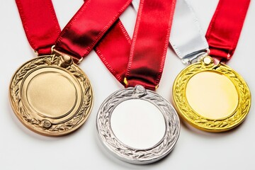 A gold medal with a red ribbon and a set of gold, silver, and bronze isolated awards. A symbol of victory and athletic achievement.