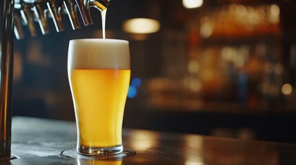 Poster - A slow-motion pour of a golden beer into a tall glass, with the foam rising perfectly to the brim, set against a dark pub backdrop for a cozy, inviting feel.