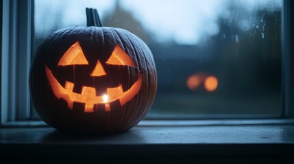 A spooky Halloween pumpkin with a glowing face, placed on a windowsill, creating a festive atmosphere during the fall season.