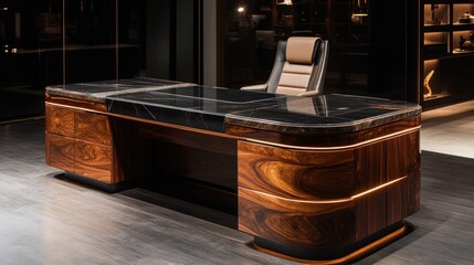 Modern executive desk with black marble top and wood base in a luxury office.