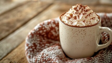 Poster - A steaming cup of hot chocolate topped with whipped cream and cocoa powder, placed on a wooden table with a cozy blanket, evoking warmth and comfort on a cold day
