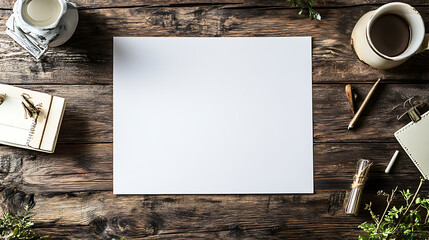 Poster - Blank white sheet on wooden desk surrounded by coffee, stationery, and plants, ready for creative work or message writing.