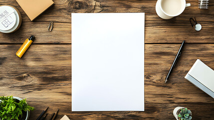 Poster - Blank white sheet on wooden desk surrounded by office supplies, coffee, plants, promoting creativity, productivity, and organization.