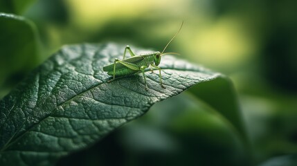 Aufkleber - A tiny grasshopper resting on a leaf in a dense forest, the textures of the leaf veins and the insect body blending into the natural green surroundings.