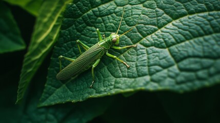 Aufkleber - A tiny grasshopper resting on a leaf in a dense forest, the textures of the leaf veins and the insect body blending into the natural green surroundings.