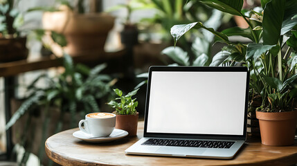 Poster - Cozy workspace with a laptop and coffee on a wooden table surrounded by green indoor plants in a bright, natural light setting.