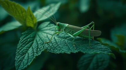 Aufkleber - A tiny grasshopper resting on a leaf in a dense forest, the textures of the leaf veins and the insect body blending into the natural green surroundings.