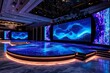 © Aventurine - A futuristic corporate presentation stage with large digital screens and glowing lights, watercolor ambiance, [business stage], [innovative event]