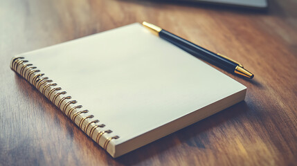 Poster - Empty spiral notebook with black pen on a wooden desk, ready for notes or writing ideas. Ideal for office, school, or personal use.