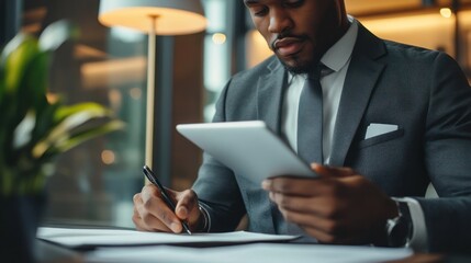 Poster - A man in a suit writing notes while using a tablet in a modern office setting.