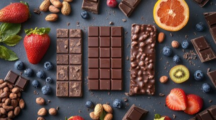 Poster - A vibrant flat lay of assorted chocolate bars and cocoa beans, surrounded by fresh fruits and nuts, highlighting the ingredients and textures of gourmet chocolate