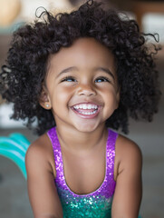 Joyful little girl with curly hair wearing a sparkly swimsuit, smiling indoors