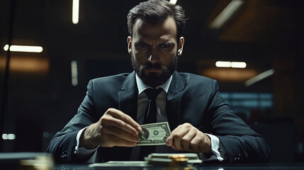 Photo of a businessman in a sleek modern office, intensely counting a substantial sum of money with a serious expression