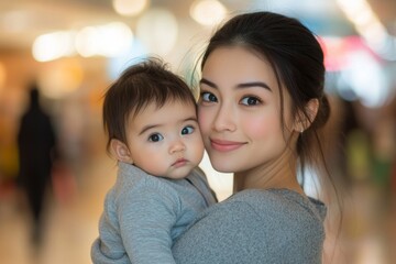 a mother and child bonding in a shopping mall, reflecting a middle-class lifestyle