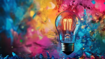 Poster - A vibrant image of a light bulb surrounded by colorful paint splashes, symbolizing creativity and inspiration, perfect for artistic and motivational contexts.