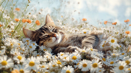 Relaxed Cat in Enchanting Flower Background