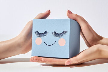 smiling blue paper face with cute eyelashes held by hands on crisp white background