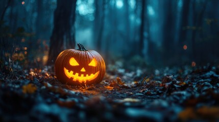 Wall Mural - eerie pumpkin in enchanted forest at night
