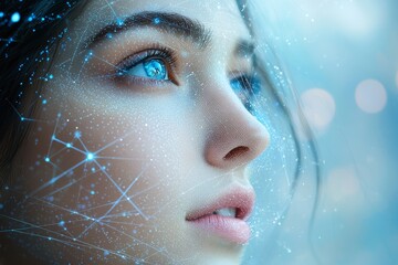 Poster - Face of a beautiful woman with bright network link and data flow background, the girl shows a confident feel with her pretty eyes looking towards the future, information and data background with copy