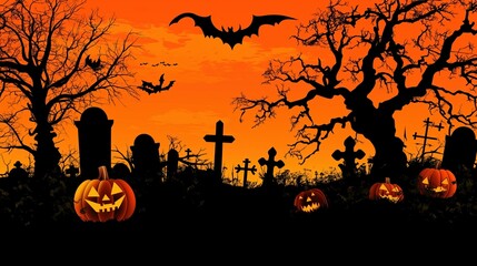 Spooky Halloween night with jack-o'-lanterns, a creepy cemetery, and haunting tree silhouettes under an orange sky. Vector art showcasing high resolution and intricate details for a festive autumn atm