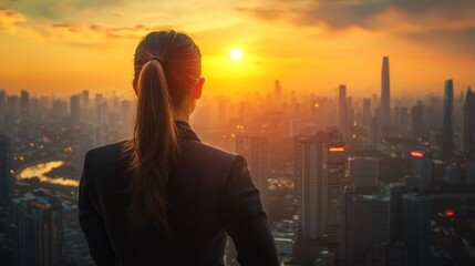 Wall Mural - Successful businesswoman concept background of an executive woman looking at the city skyline with skyscrapers at sunset with a dramatic sky