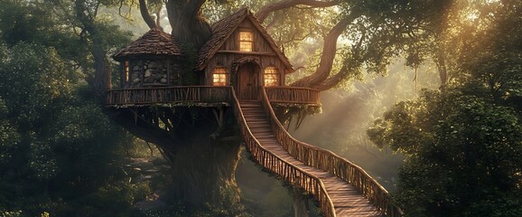 A wooden treehouse with a winding staircase in a misty forest.