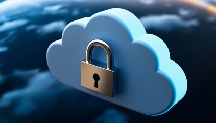 Poster - Glowing blue digital cloud symbol on Earth with lights and data connections