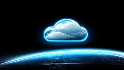 Poster - Glowing blue digital cloud symbol on Earth with lights and data connections