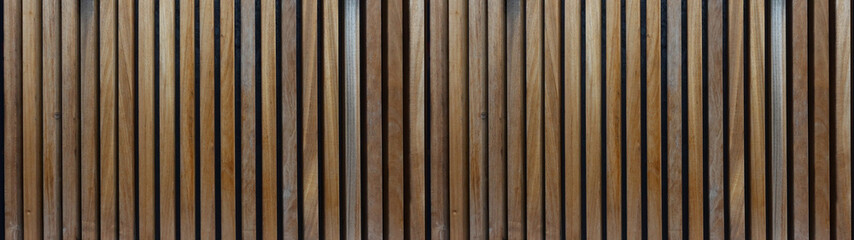 Poster - Wood background banner panorama long wide - Brown wooden acoustic panels wall texture, vertical boards, seamless pattern