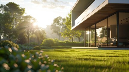 Poster - A large house with a large open lawn and a view of the trees